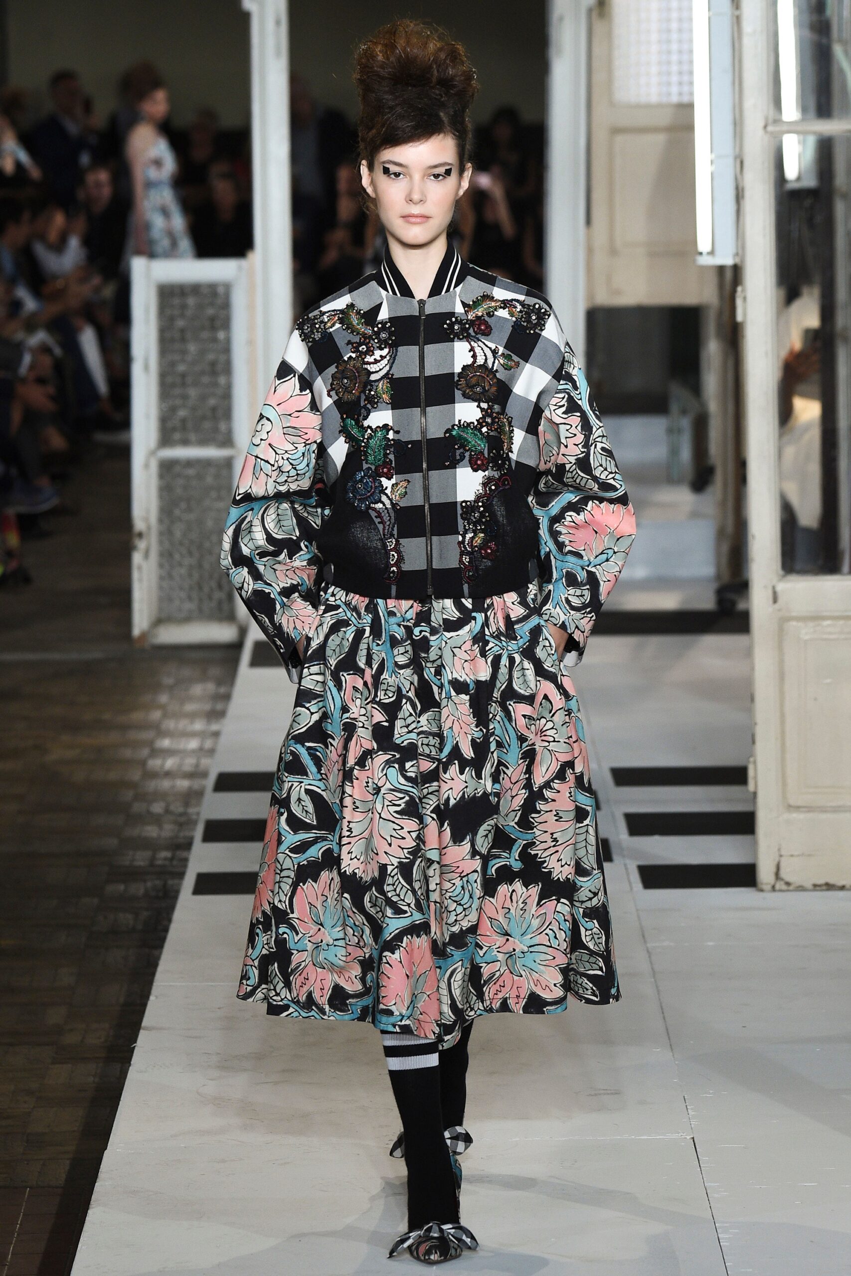 oversized black and white jacket with floral skirt