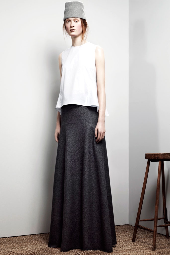gray wool fitted a-line maxi skirt