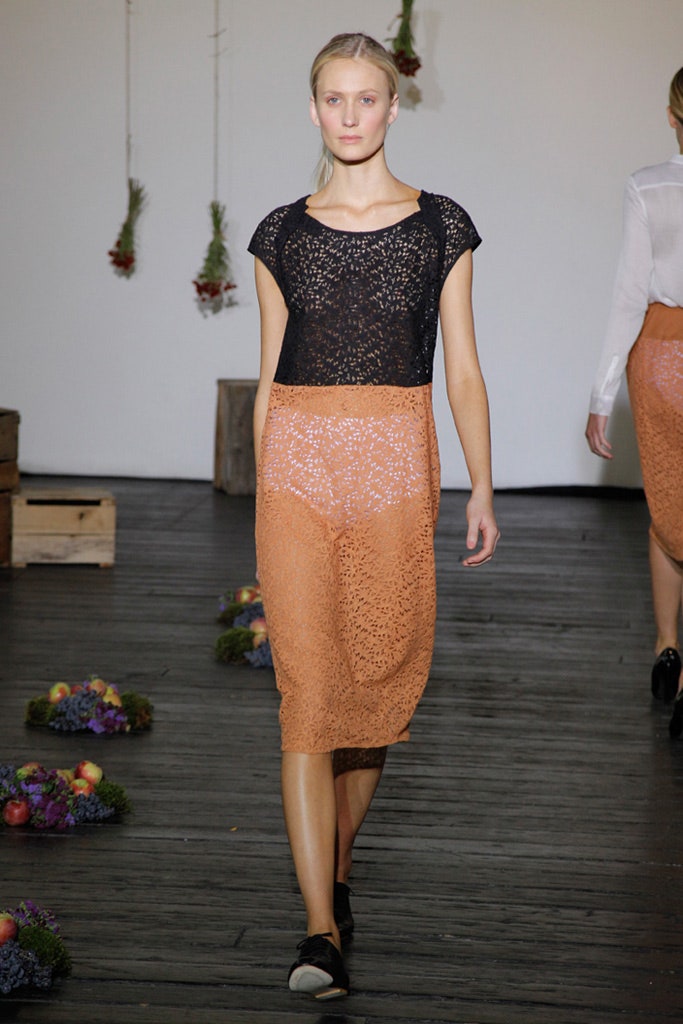 black lace top with orange skirt