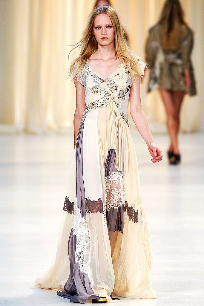 beige and gray silk gown