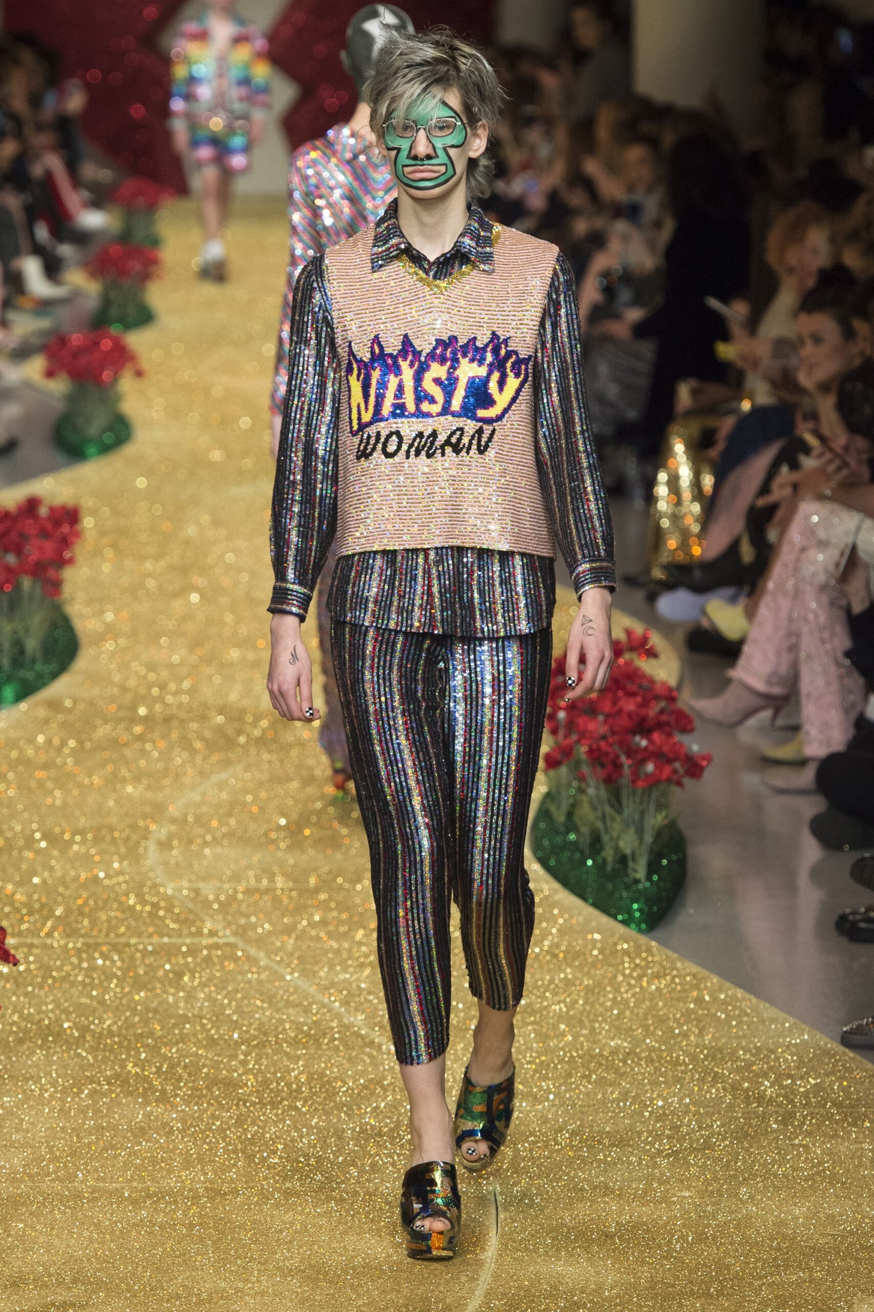 pink sequin long-sleeve collared fitted embroidered shiny top