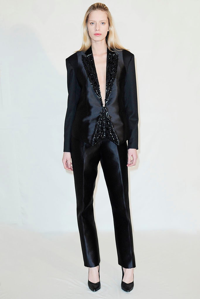 black silk long-sleeve v-neck structured beaded shiny blazer