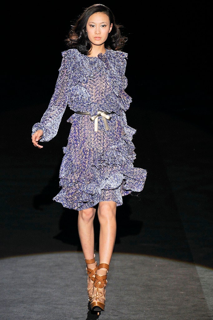 blue purple ruffled midi dress