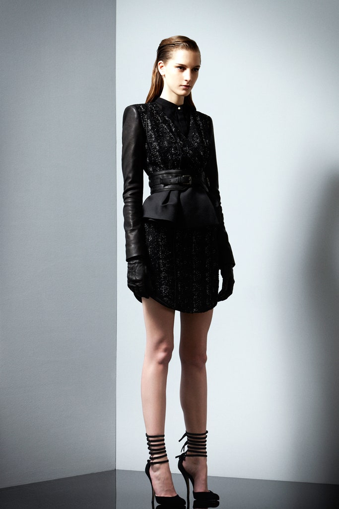 black silk long-sleeve collared fitted flared textured dress