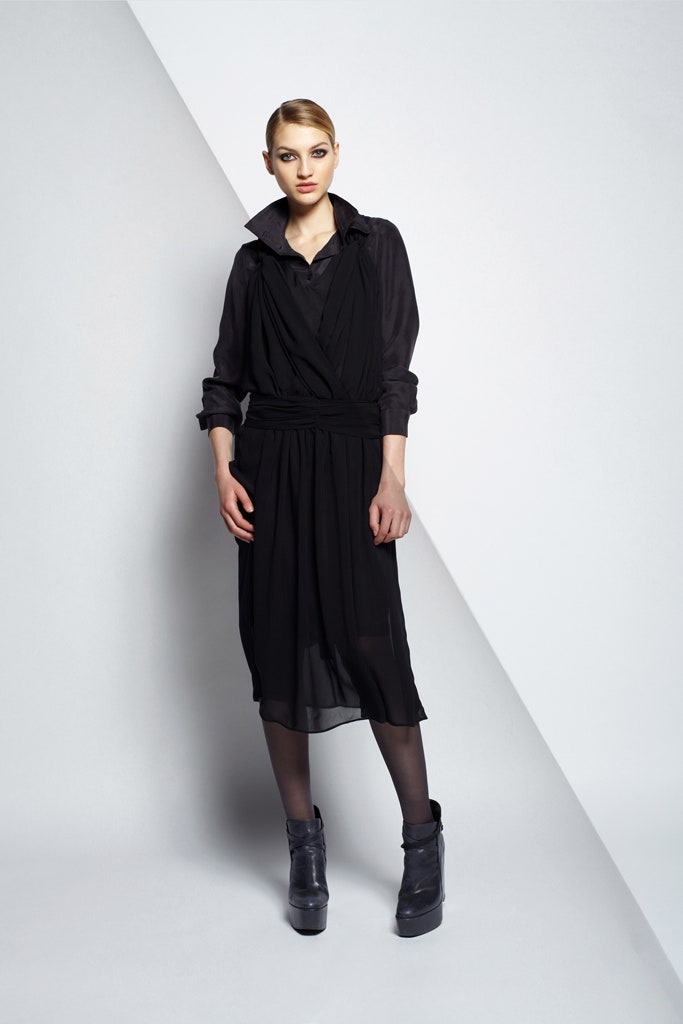 black silk long-sleeve collared fitted draped flowing dress