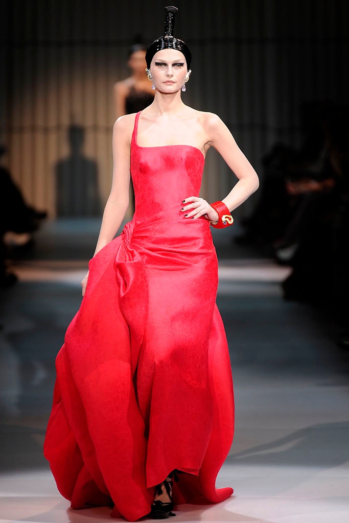 red silk strapless gown
