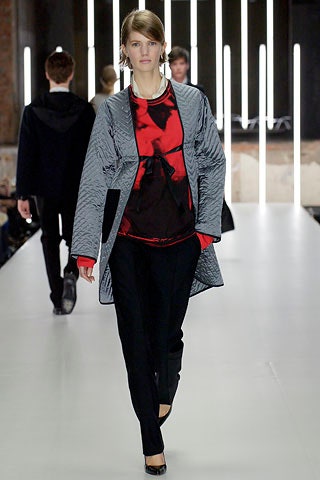 gray coat red silk top black pants