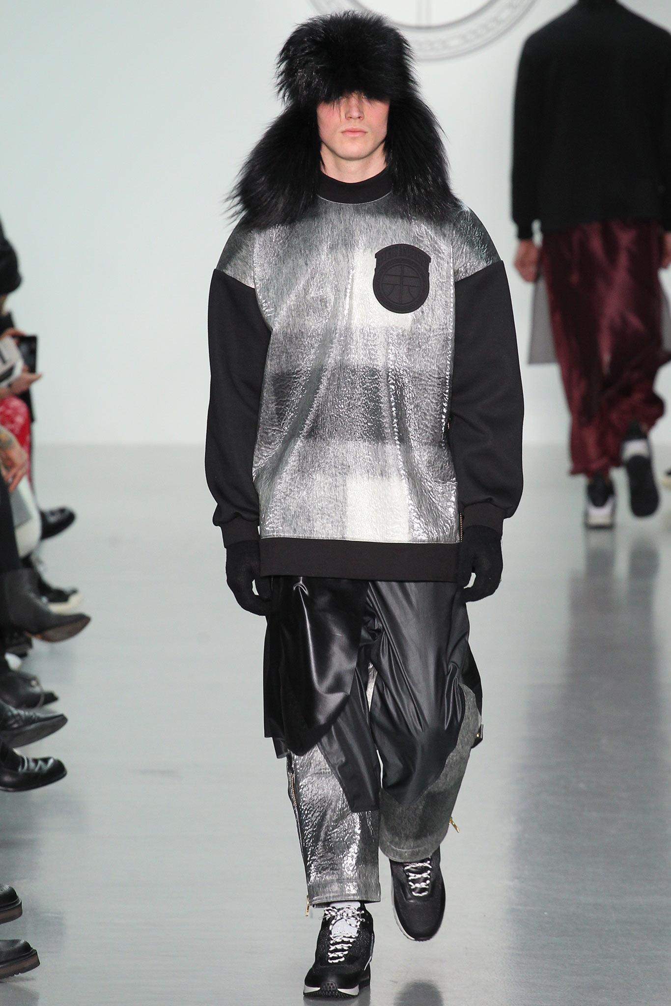 black wool long-sleeve collared relaxed color-blocked sweater