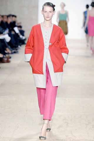 red beige relaxed jacket with pink tailored pants