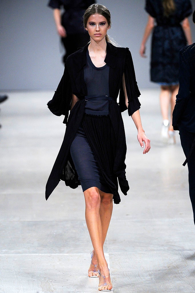 black silk midi dress and coat