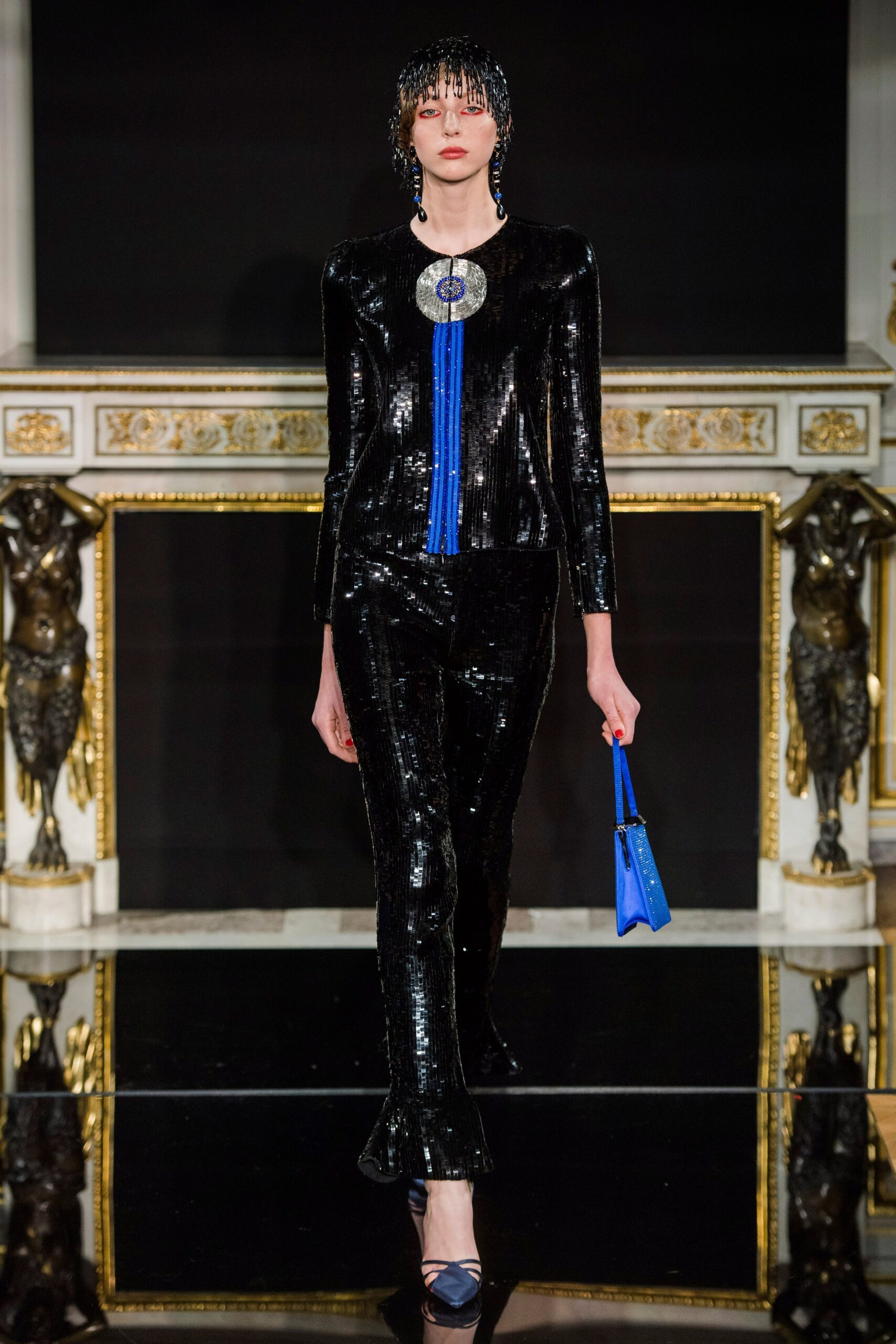 black sequin long-sleeve high-neck fitted zippered shiny top
