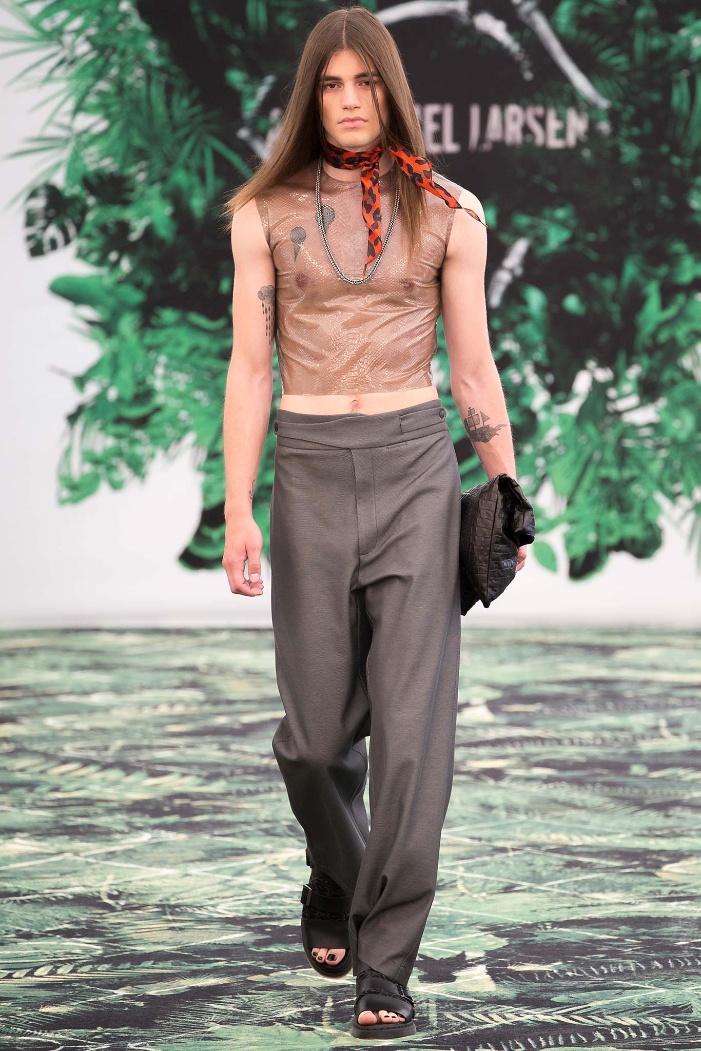 beige fitted sleeveless top with gray relaxed pants