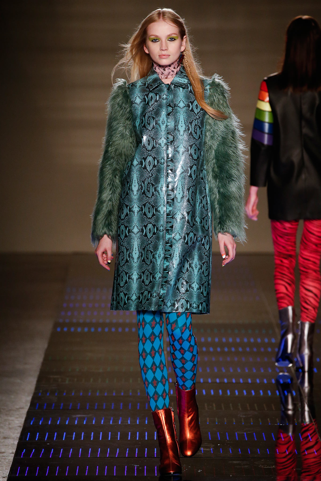 teal vinyl coat with faux-fur