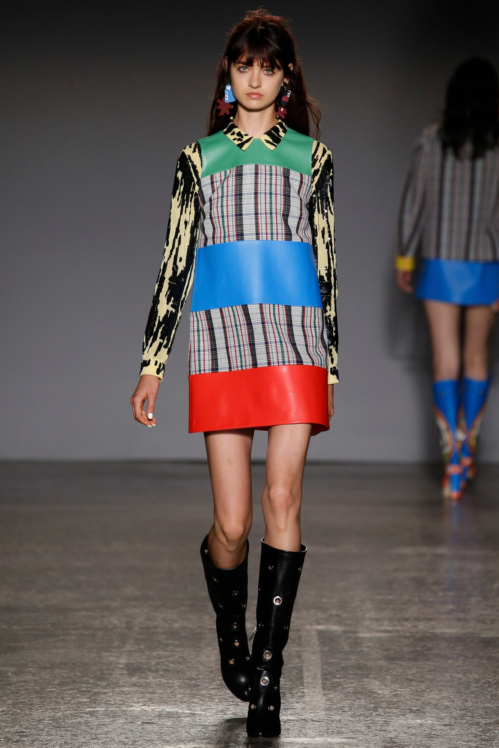 color-blocked mini dress with boots