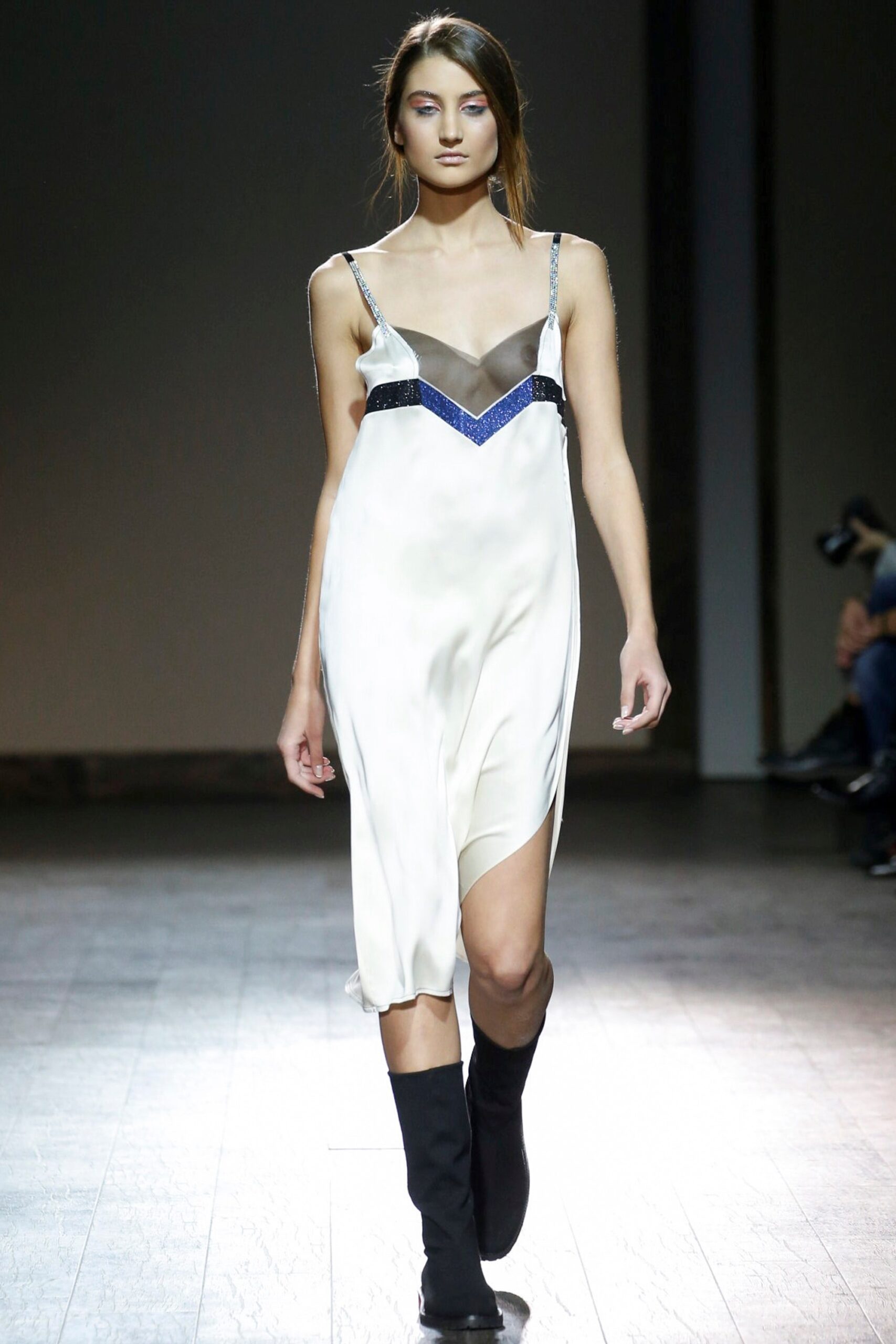 white silk midi dress with black boots