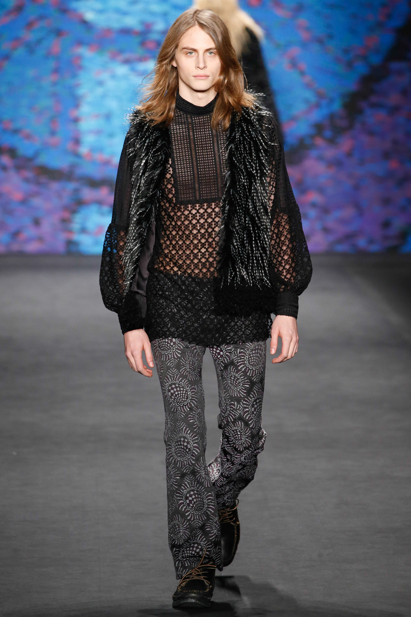 black mesh top and flared pants