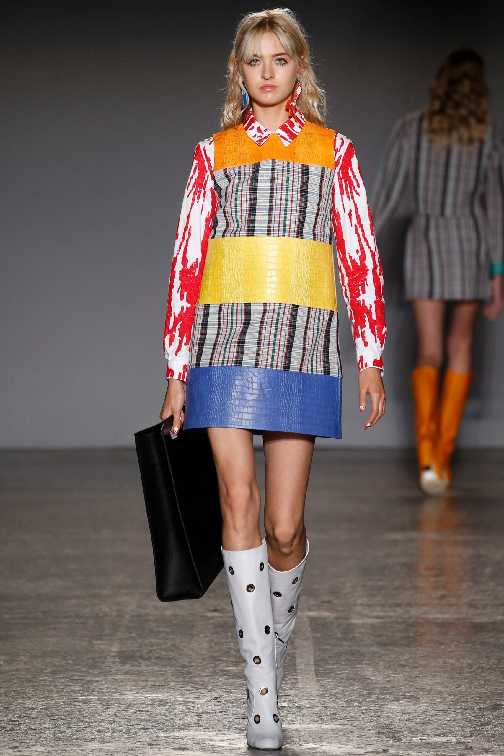 color-blocked mini dress with boots