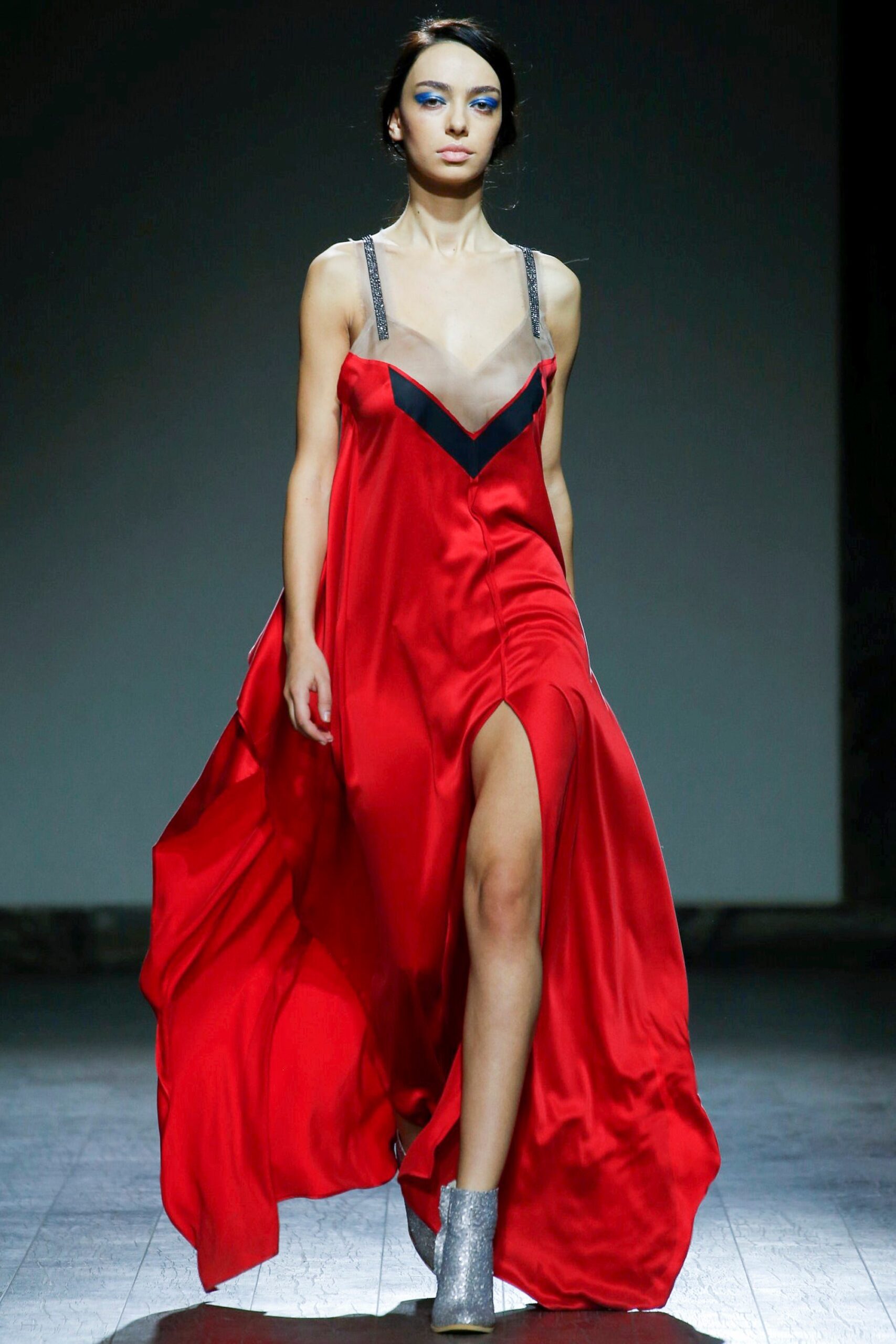 red silk sleeveless gown
