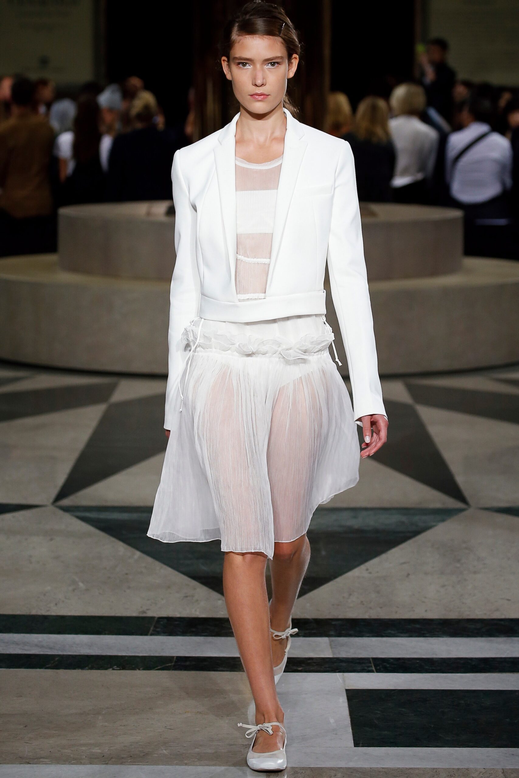 white chiffon sleeveless v-neck fitted pleated sheer dress