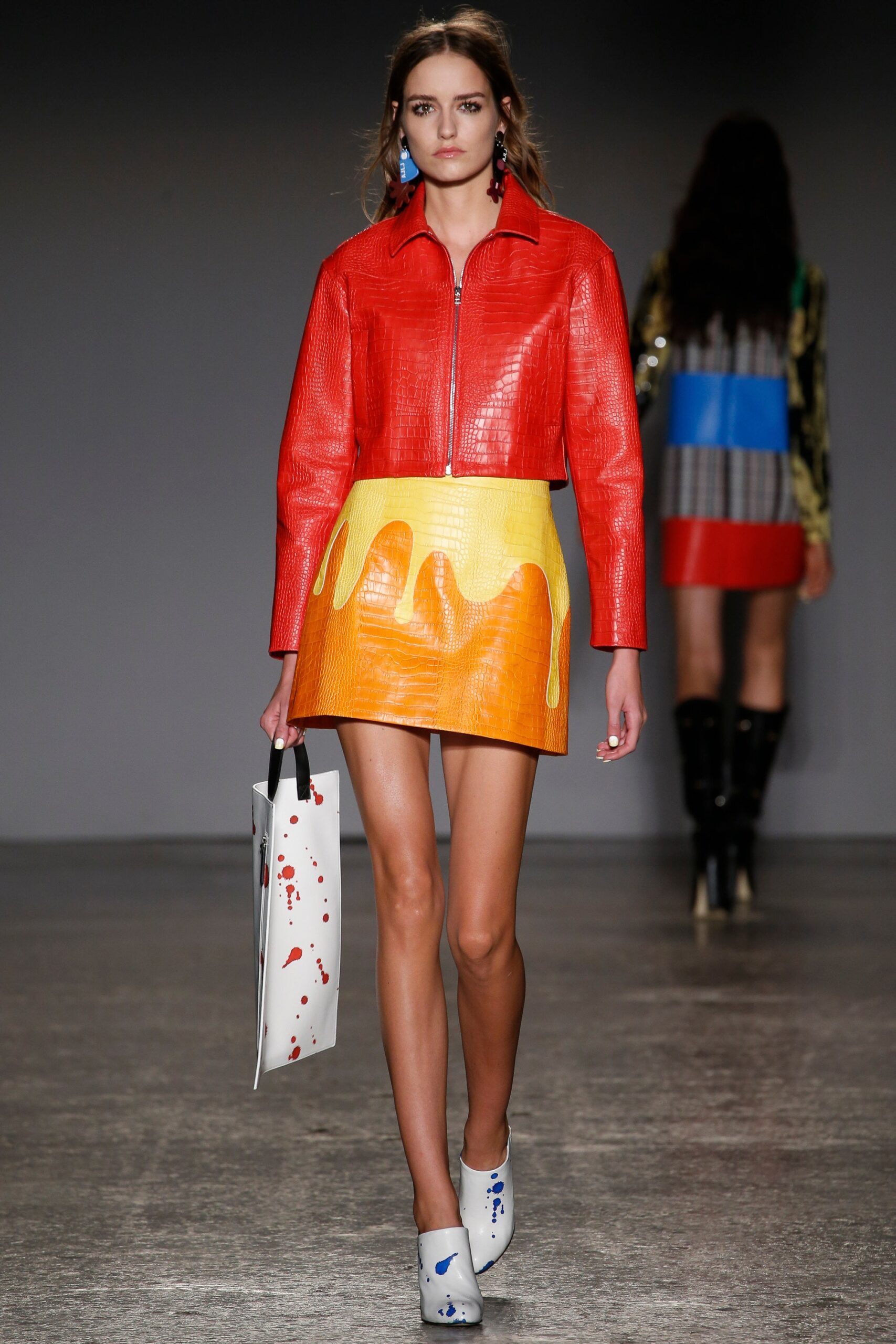 red leather jacket with mini skirt
