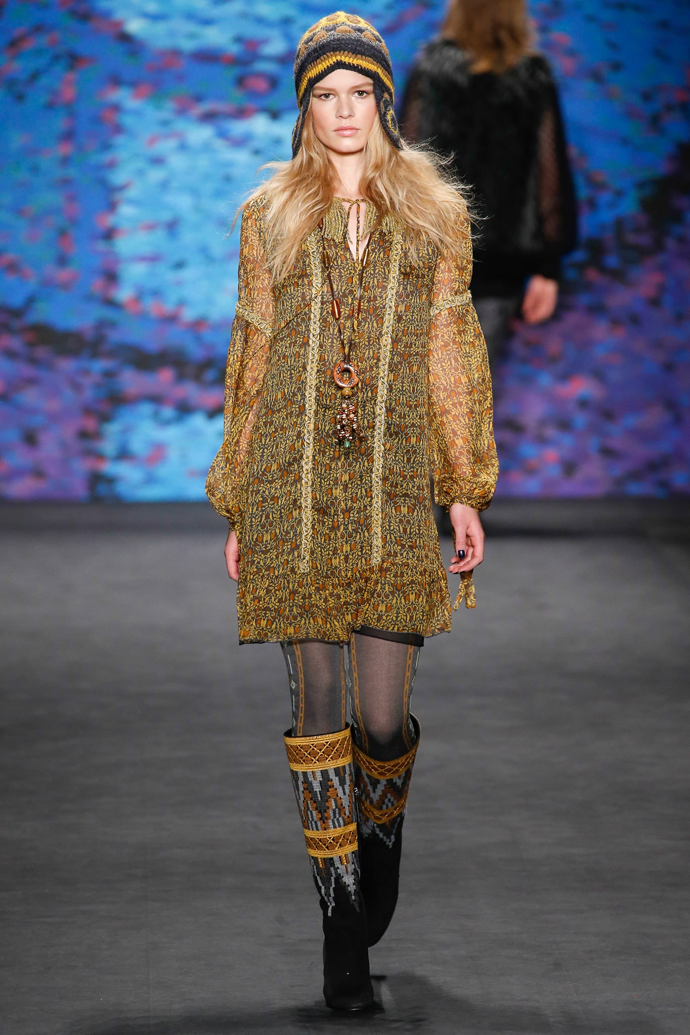yellow cotton long-sleeve collared relaxed embroidered tiered dress