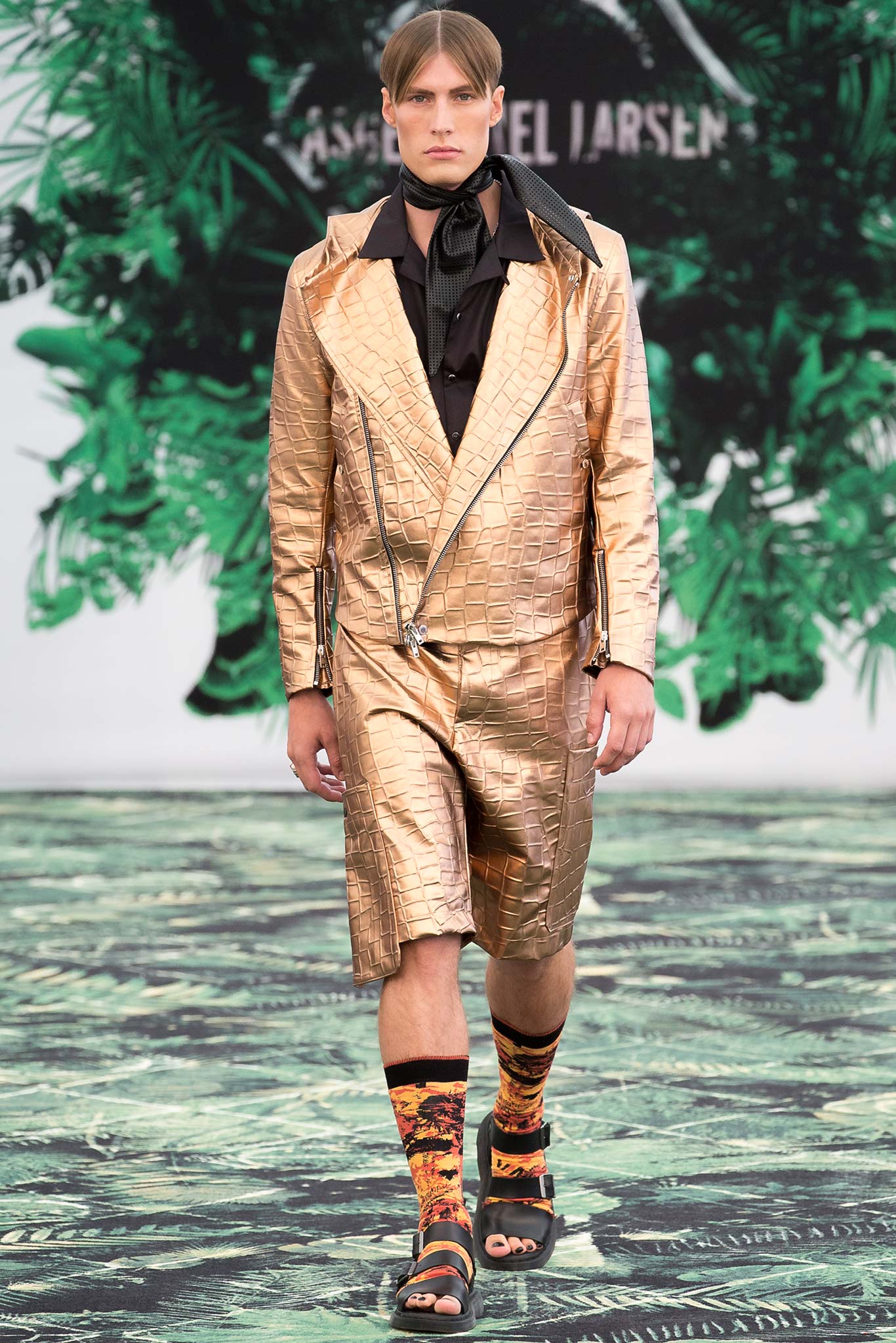 gold vinyl long-sleeve collared fitted zippered jacket