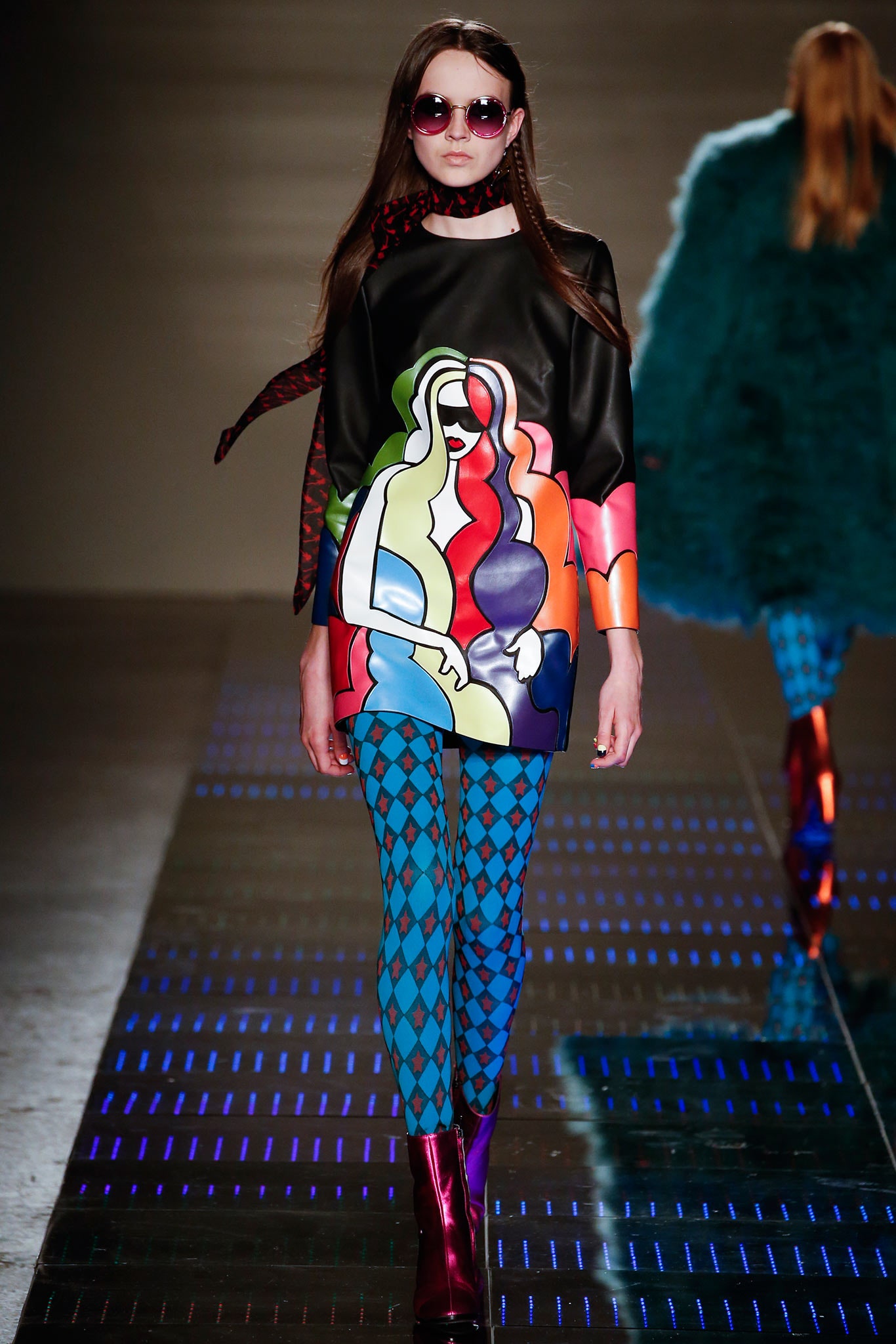 colorful printed top with checkered pants