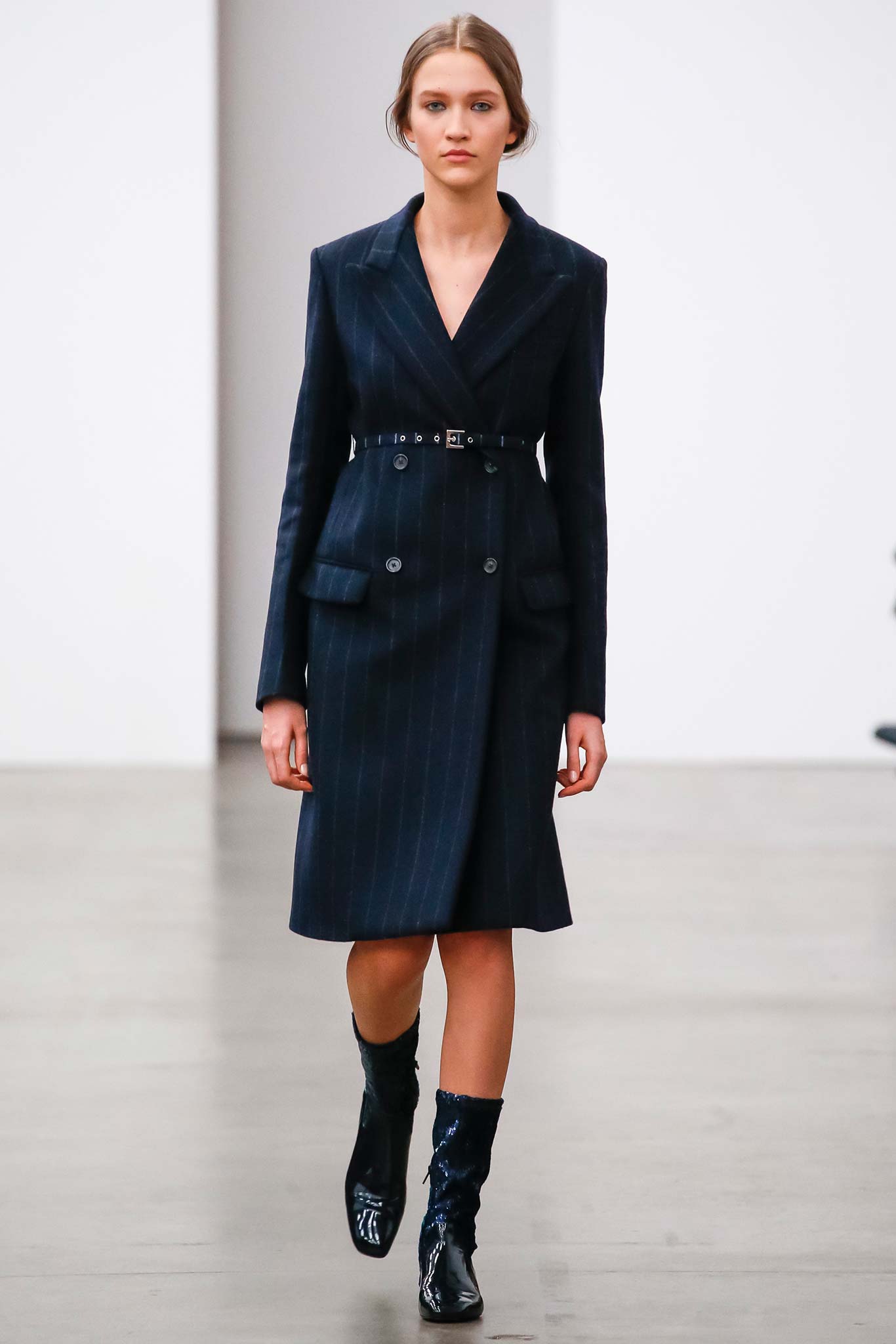 blue wool fitted midi dress