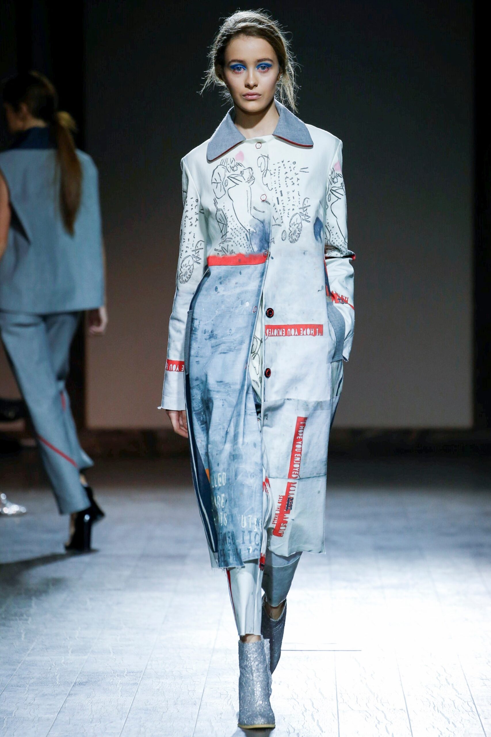 gray metallic slim straight-leg shiny pants
