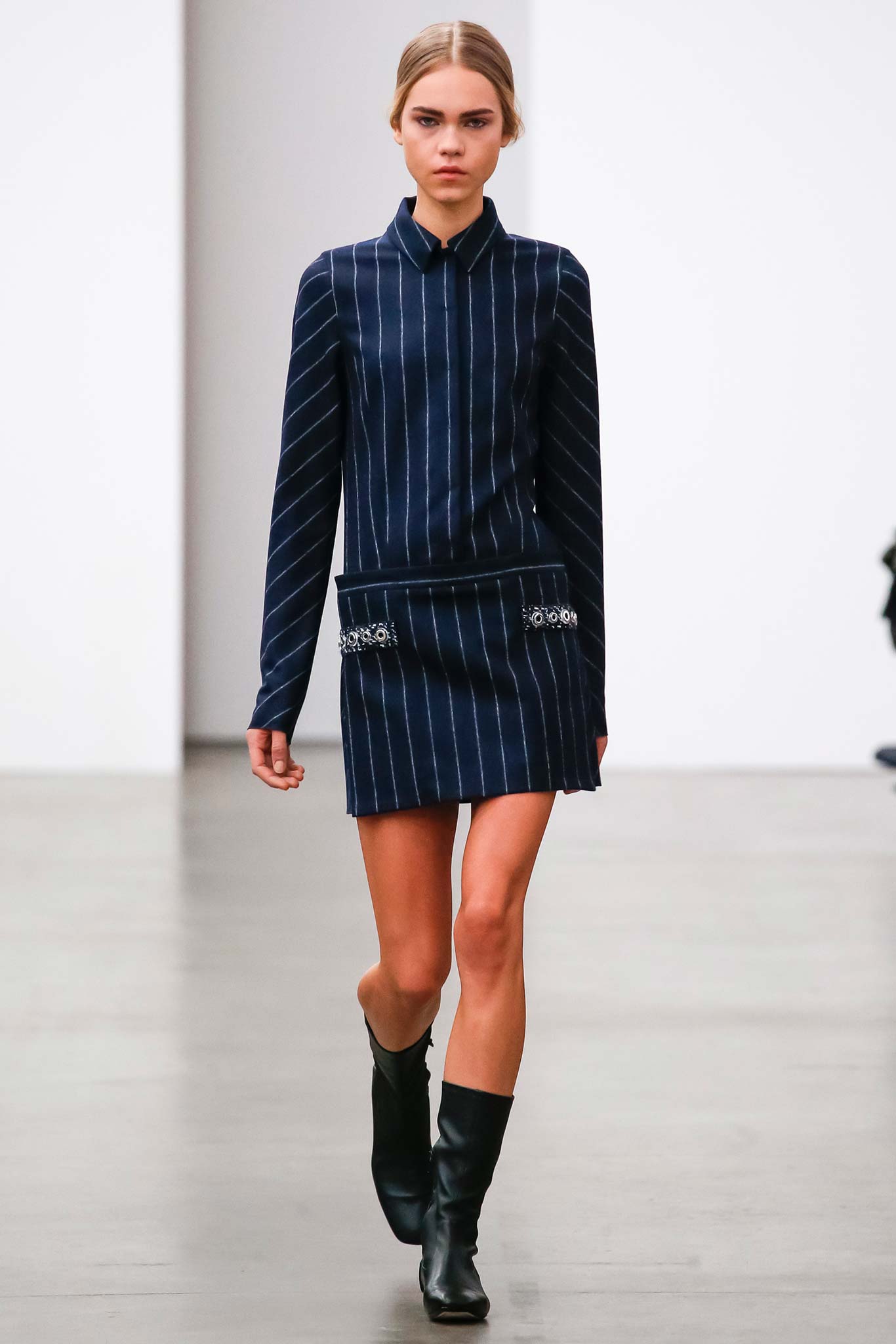 blue striped mini dress with boots