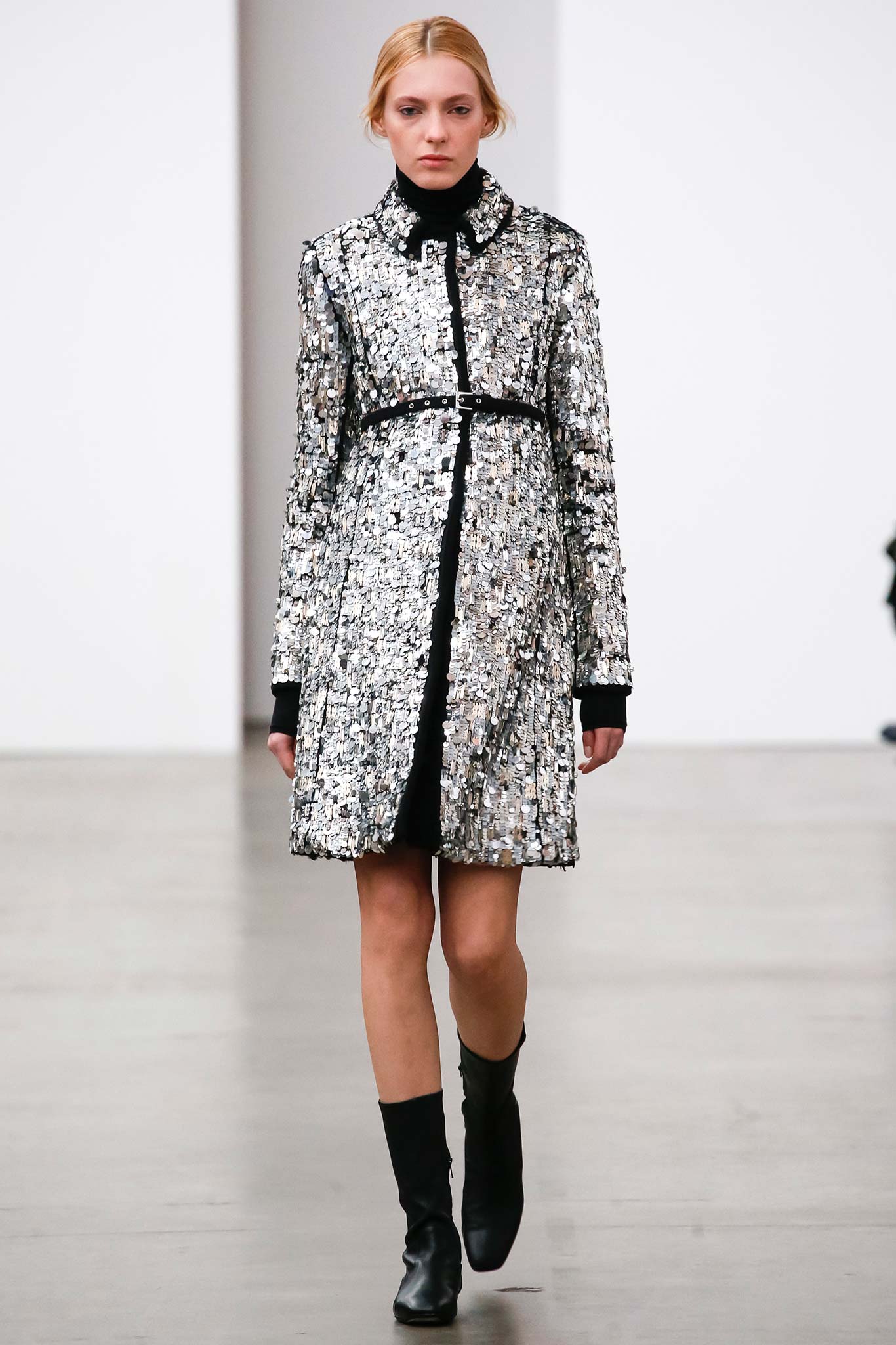 silver sequin coat with black dress