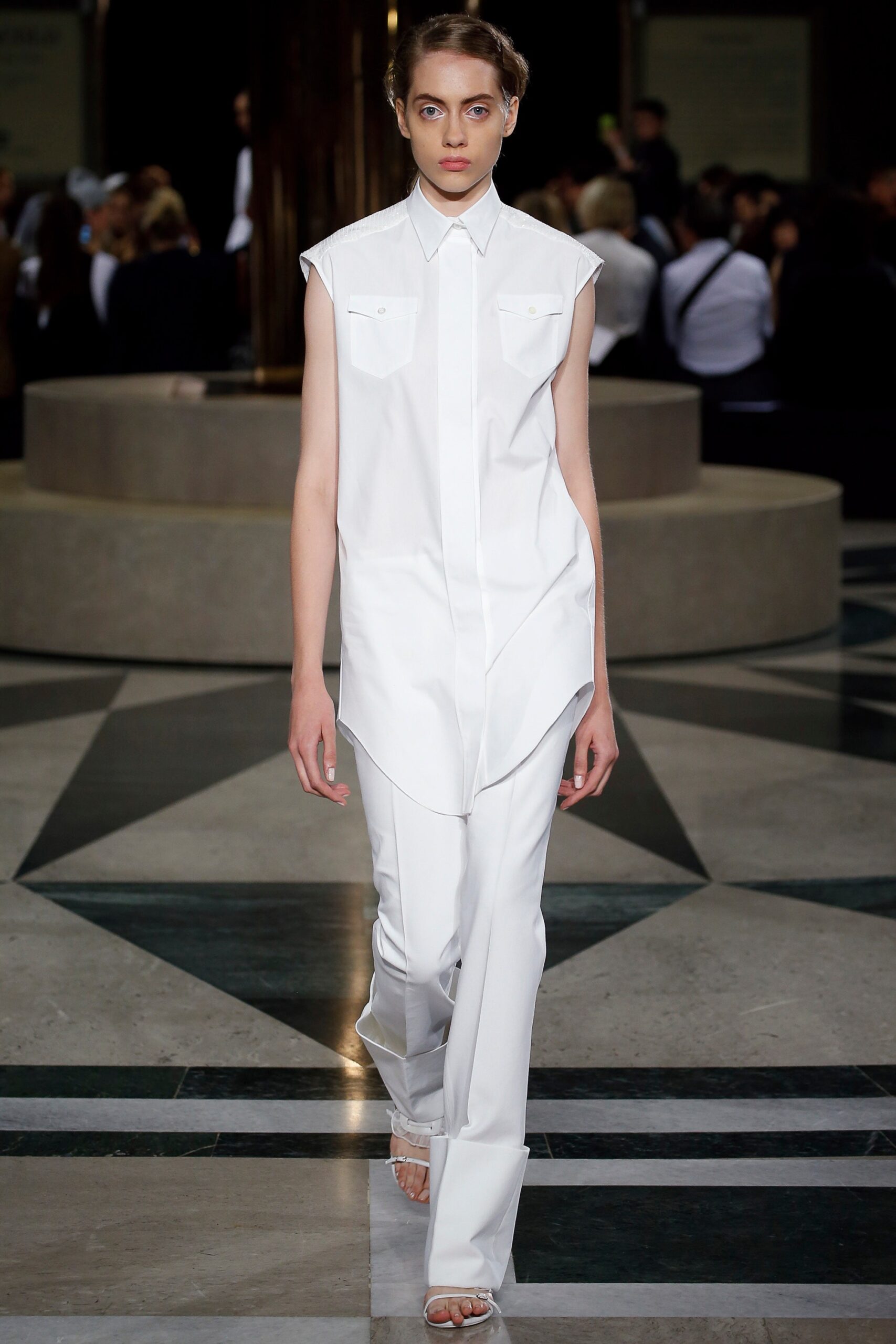 white cotton sleeveless collared relaxed longline buttoned shirt