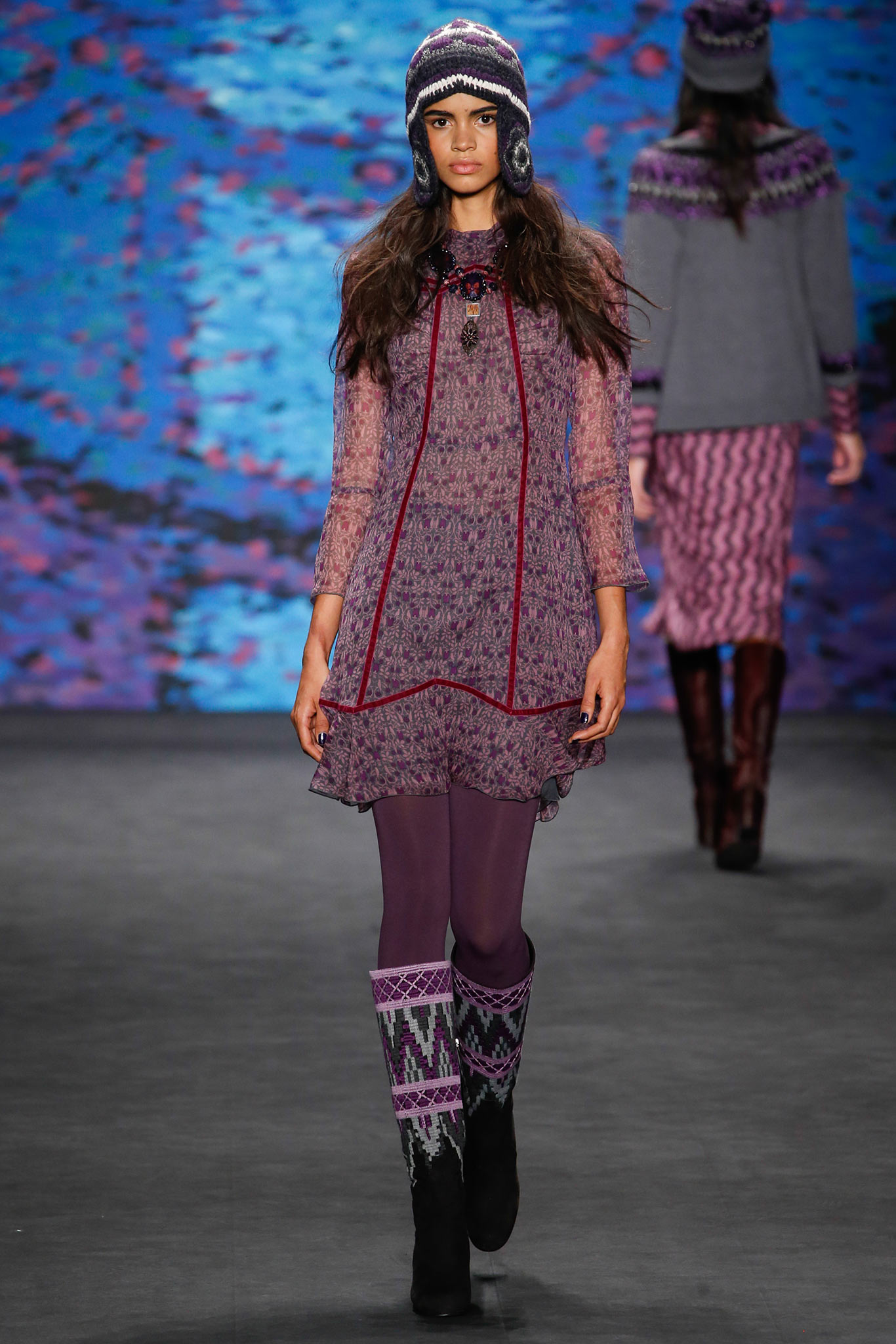 purple cotton long-sleeve collared relaxed layered pleated dress
