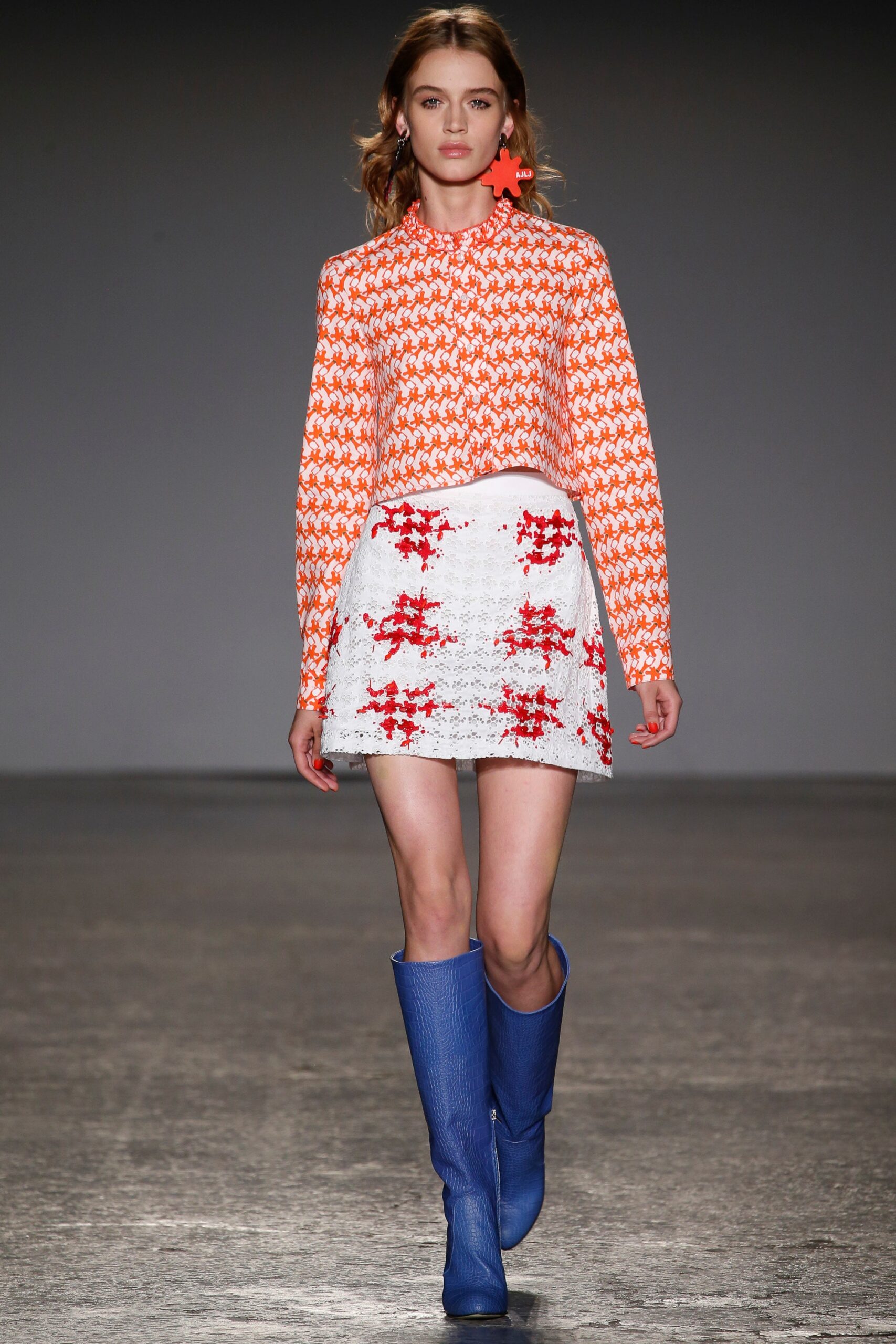 orange cotton long-sleeve collared fitted printed top