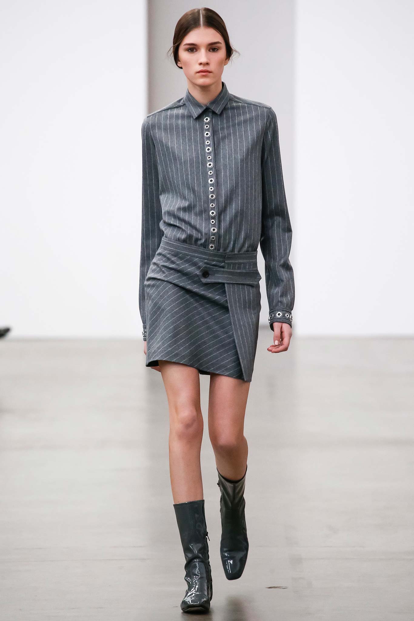 gray striped shirt-dress with boots