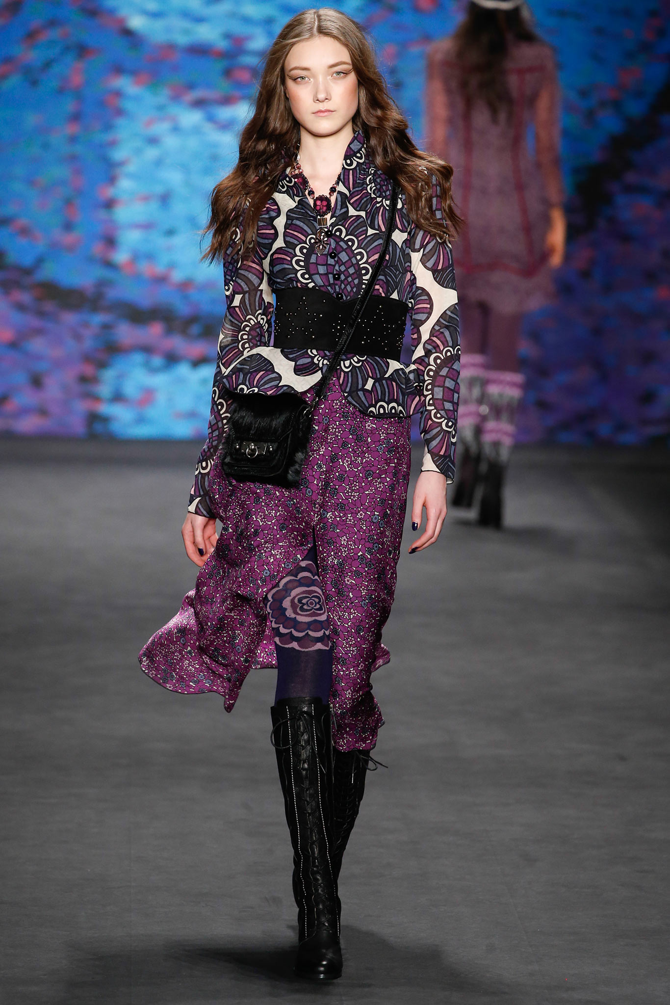 purple printed midi dress with black boots