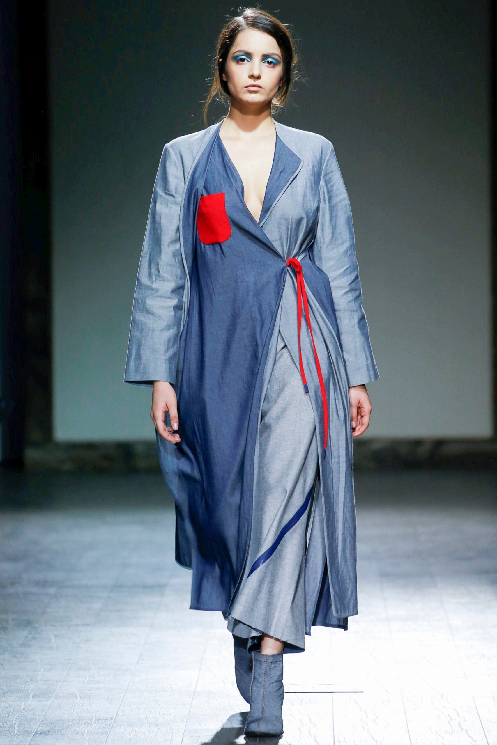 blue gray draped midi dress