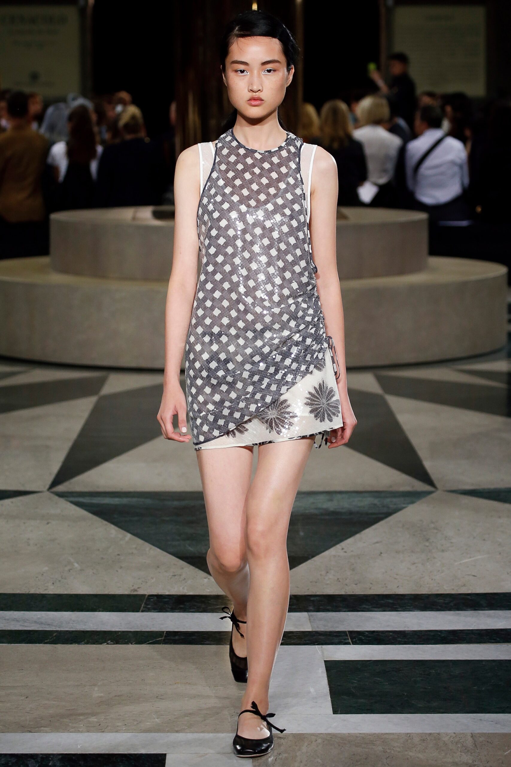 gray and white printed mini dress