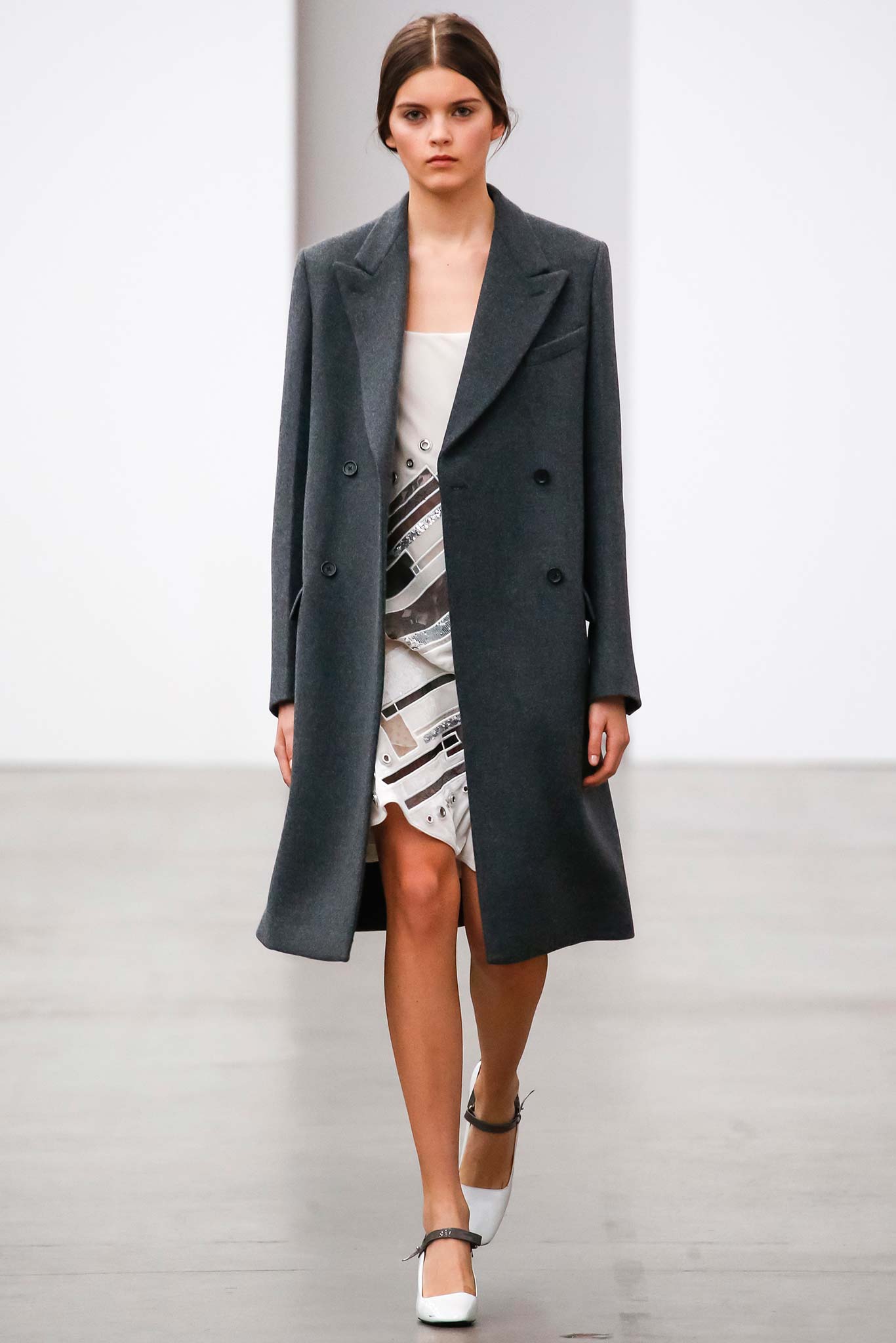 gray wool tailored coat and white silk dress