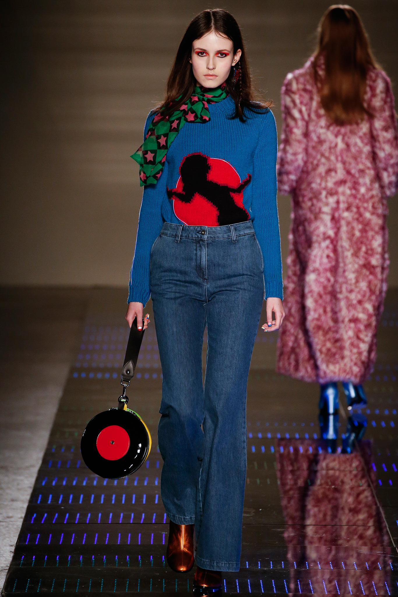 blue cotton long-sleeve high-neck fitted printed sweater