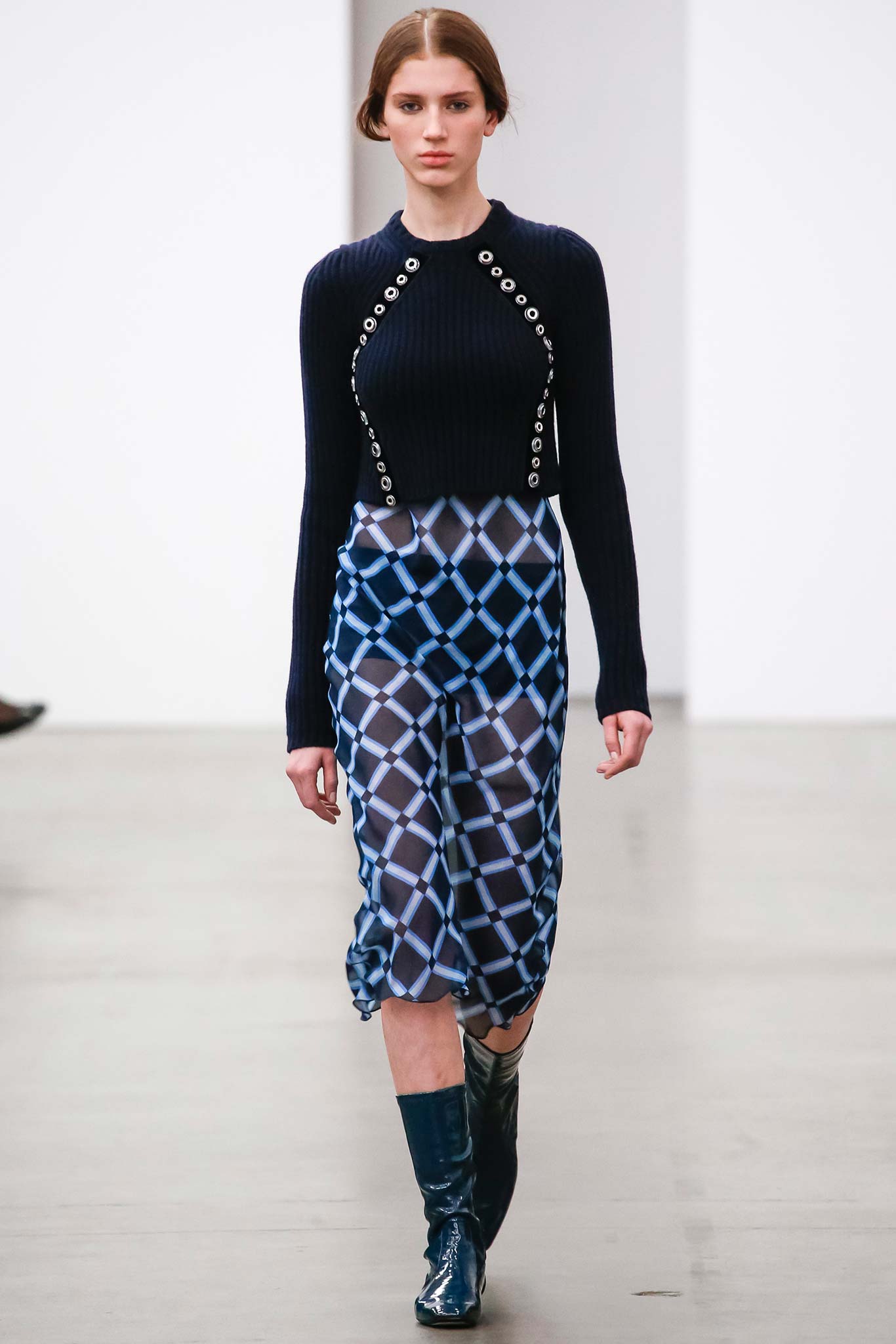 black knit top blue chiffon dress