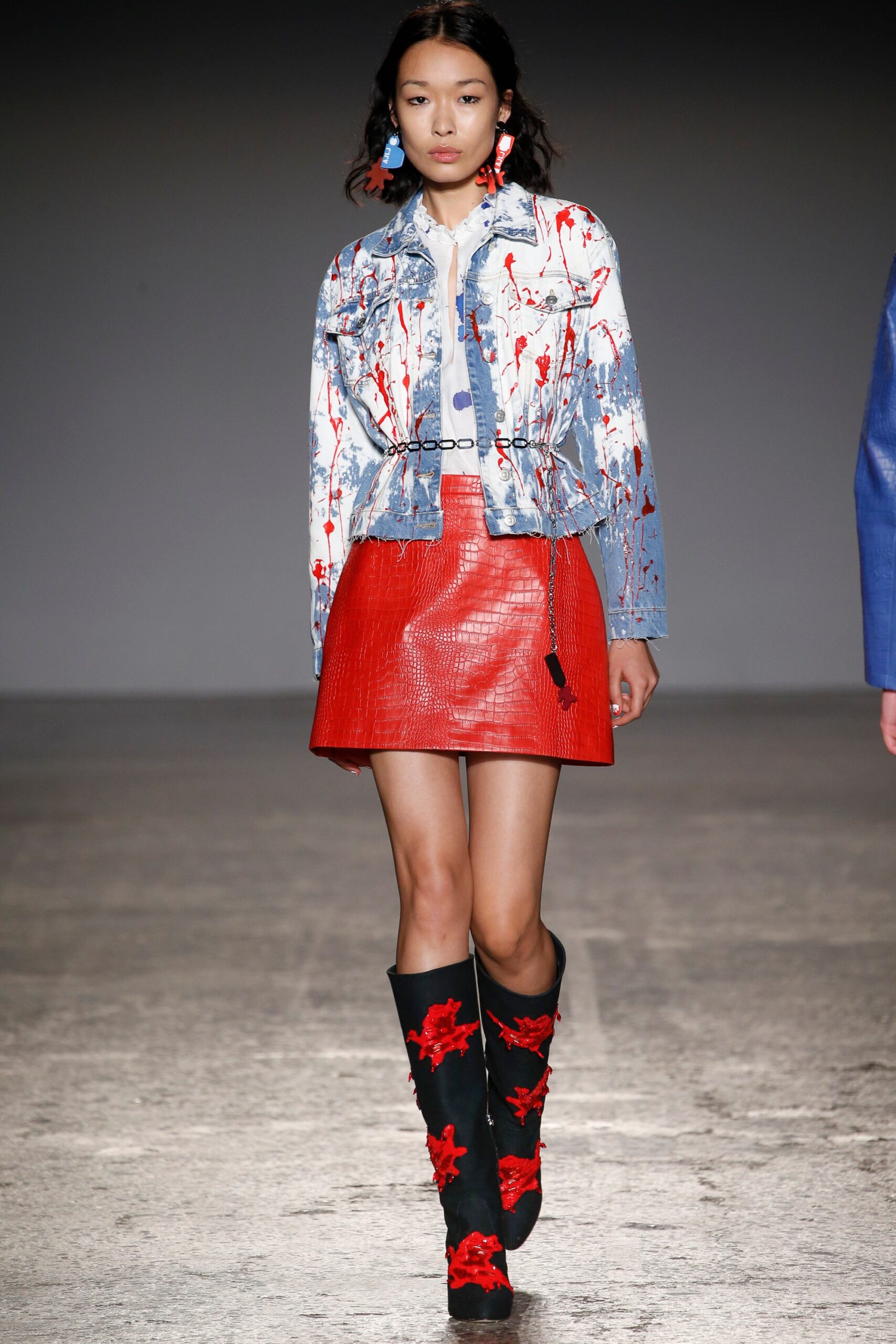 blue denim long-sleeve collared fitted printed jacket
