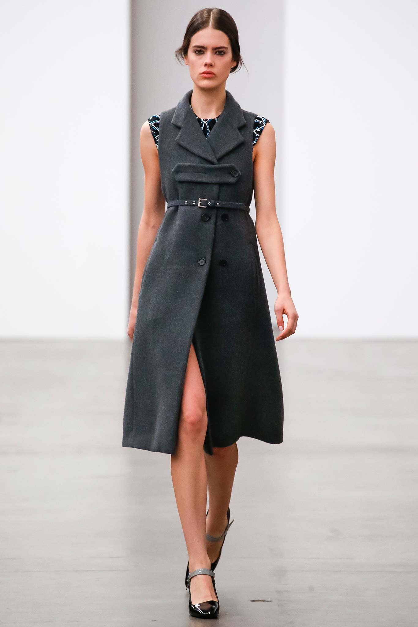 gray wool belted coat with black top
