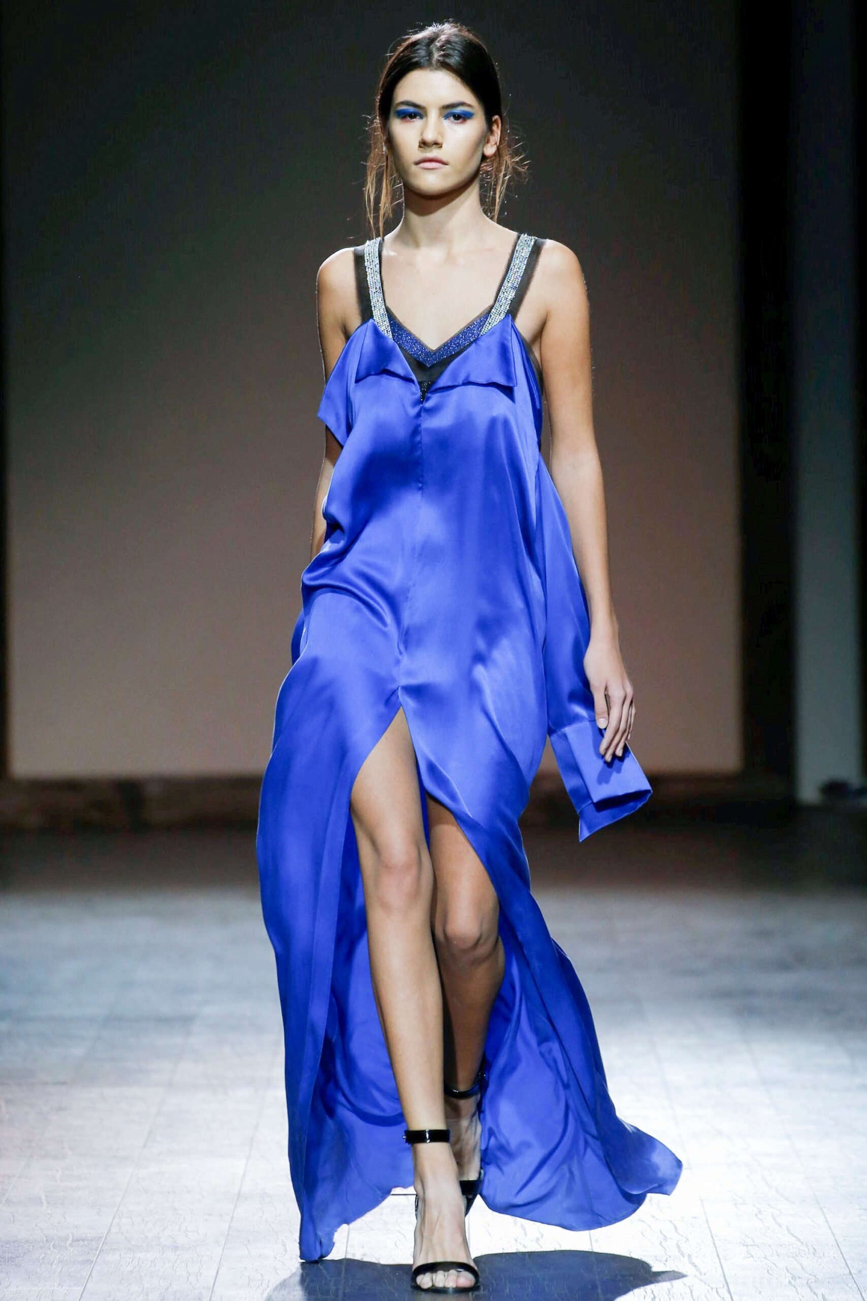 blue silk sleeveless dress
