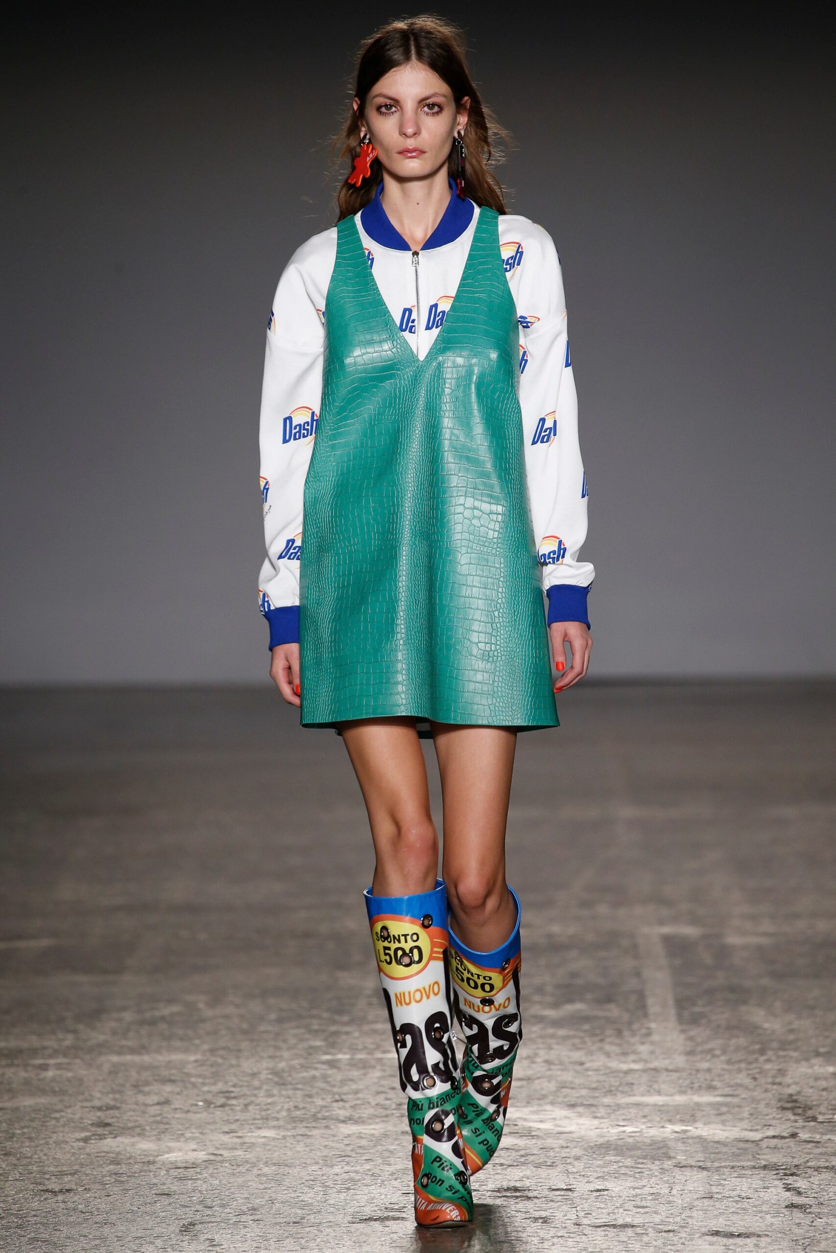 green vinyl mini dress with printed top