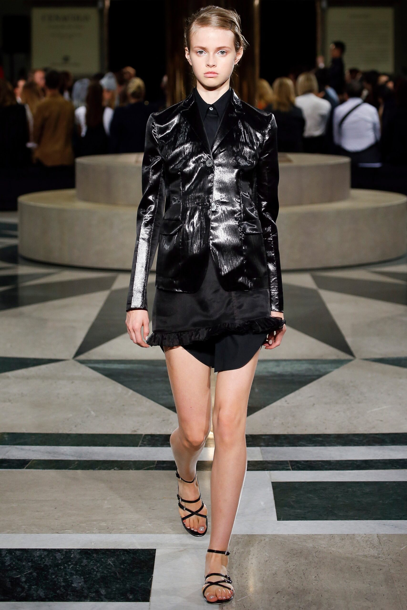 black vinyl fitted blazer with mini skirt