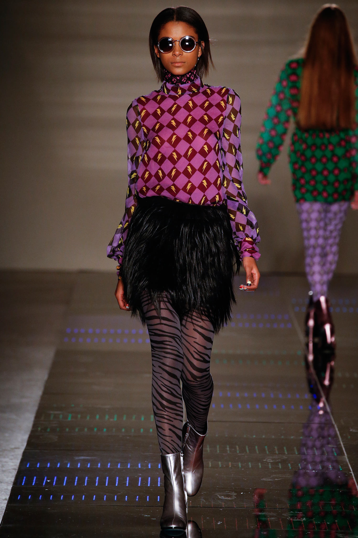 purple silk long-sleeve high-neck fitted printed blouse