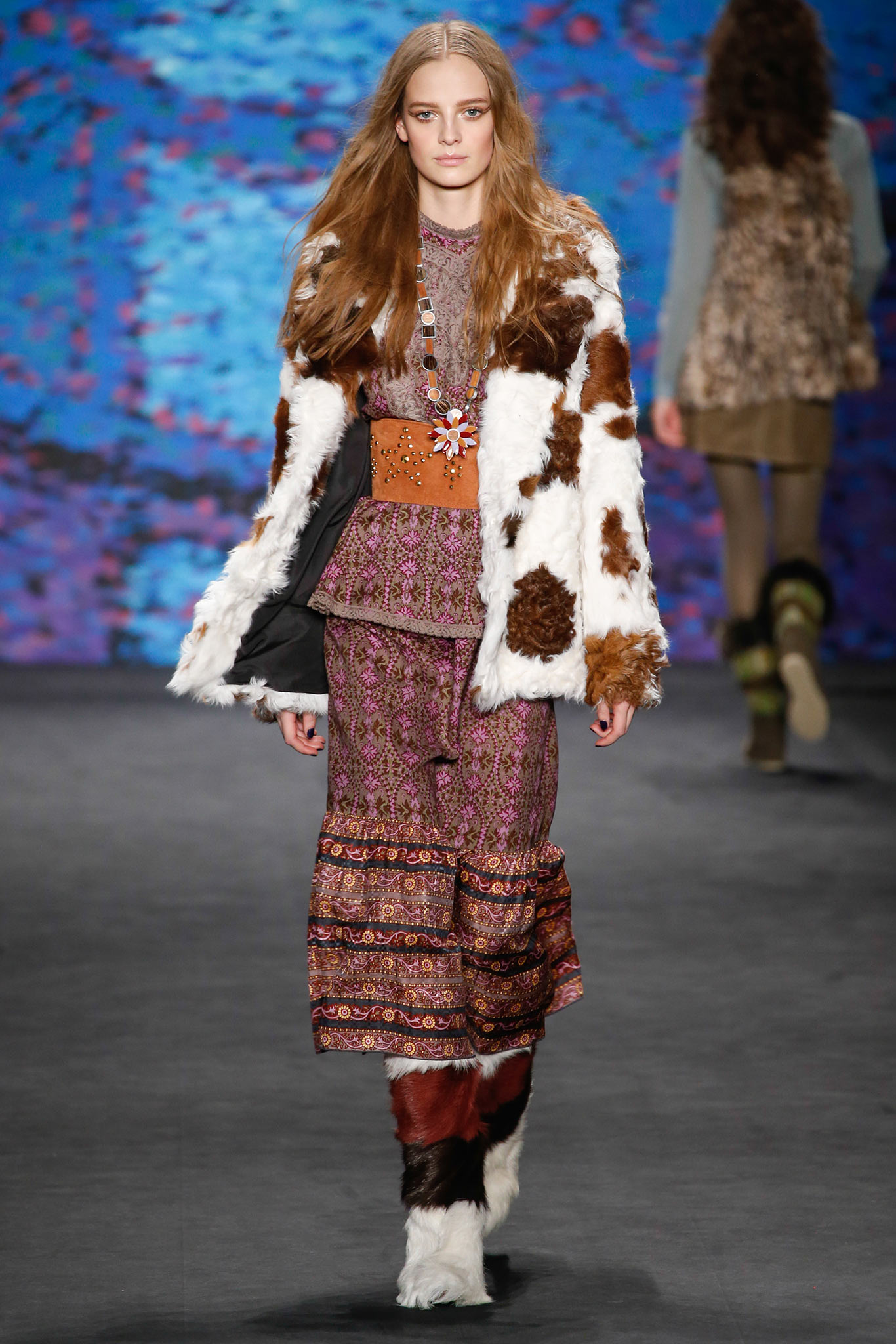 fur coat and purple midi dress