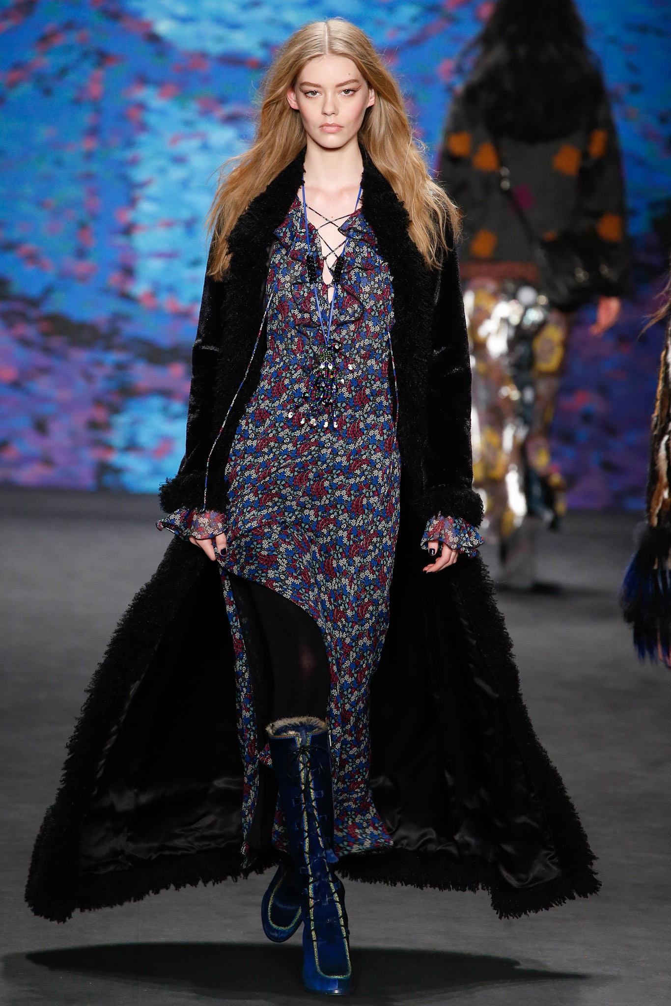 blue and purple midi dress with black coat