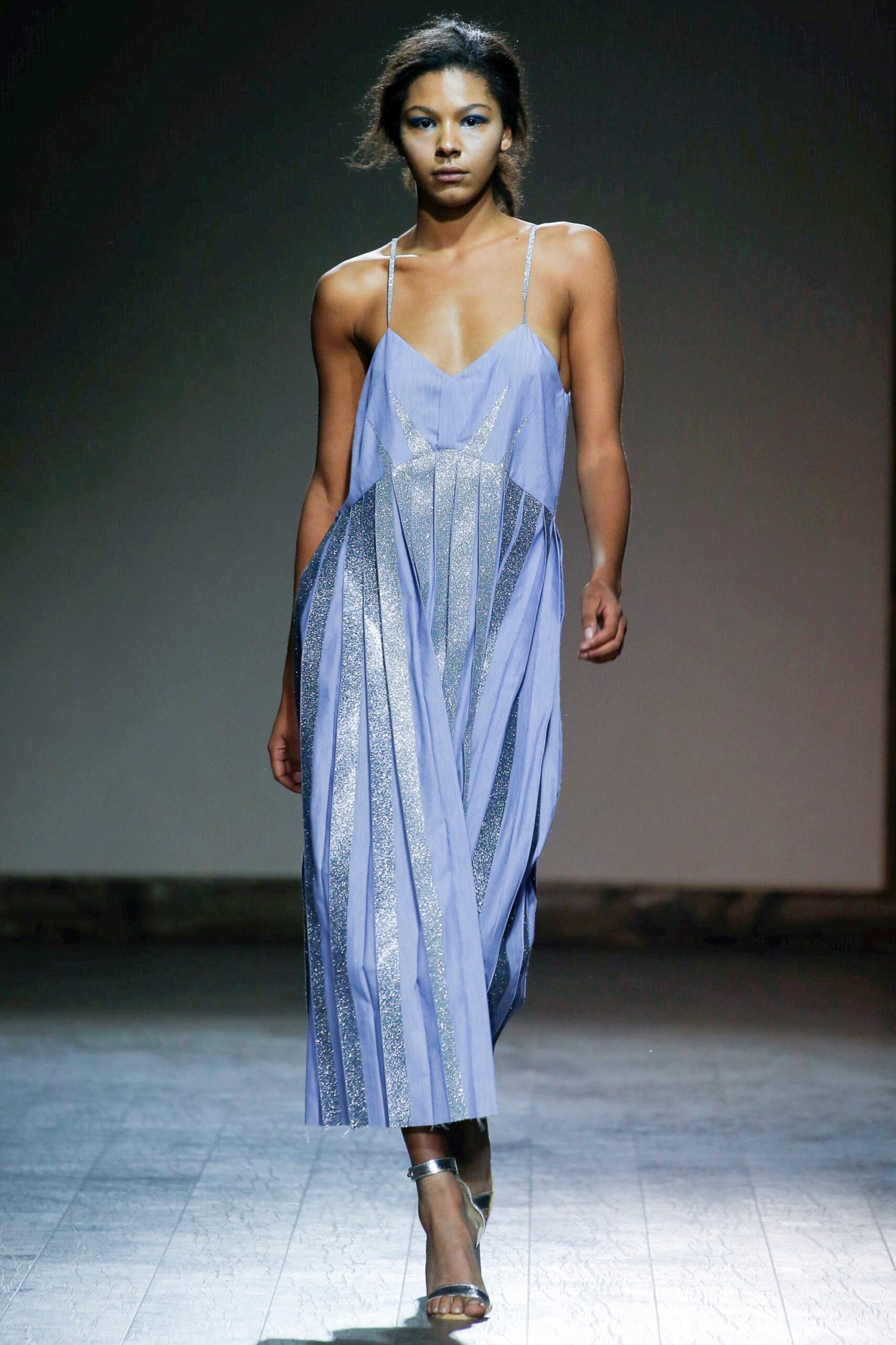blue silk pleated midi dress